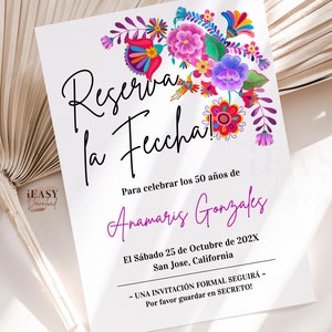 May include: A colorful save the date card with a floral design and the text "Reserva la Fecha!"  The card is for Anamaris Gonzales' 50th birthday celebration on October 25th, 202X in San Jose, California.