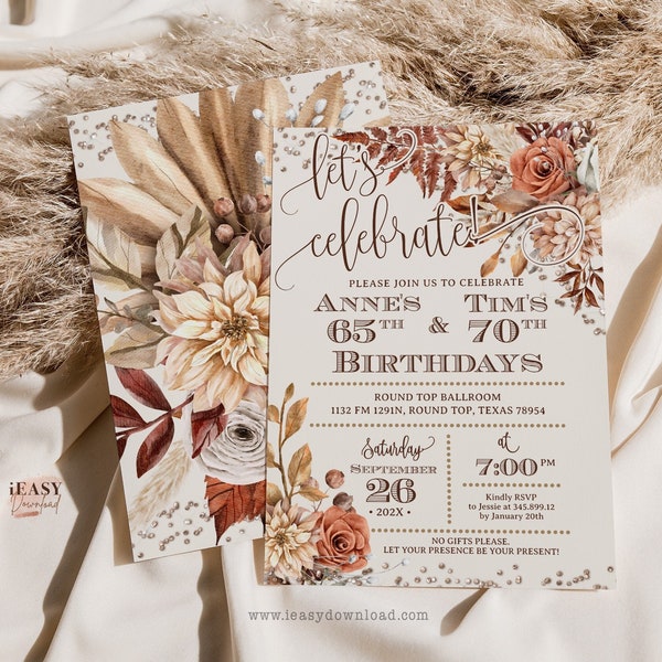Let's Celebrate Autumn Floral Birthday Party Invitation, Fall Leaves Double Birthday Template Editable Joint Birthday Invitations Corjl AP24
