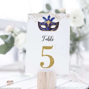Editable Table Numbers Template Royal Blue Gold Masquerade Adult birthday Masquerade Birthday Printable Table Numbers Edit with Corjl AP3
