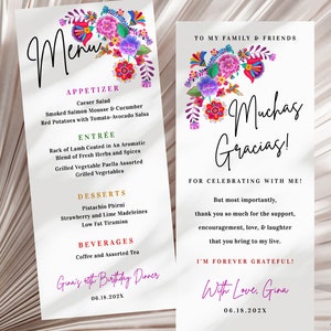 Editable Mexican Flowers Birthday, Double Sided Menu and Thank You Card, Fiesta Spanish Colourful Flower Template with JetTemplate AP4