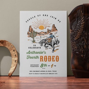 FOURTH Rodeo Birthday for Boy, Wild West Cowboy 4th Birthday, Cactus, Cowboy Hat, Country Western Invite, Southwestern, Template KP36