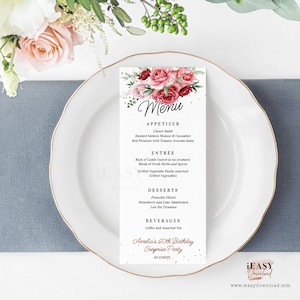 Editable Menu Card Template, Floral Red Roses with Gold Confetti, Dinner Food Menu Card Printable, Menu Table Printable, JetTemplate AP21