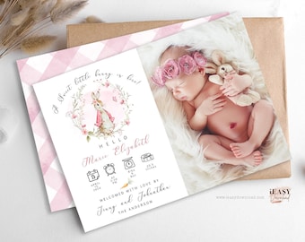 Editable Birth Announcement Template, Peter Rabbit Girl, New Baby Announce Photo Baby Card, Welcome Baby Printable, Photo Birth Card BS15