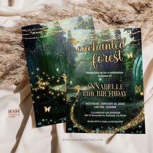 Editable Enchanted Forest FairyTale 13th Birthday Invitation, Enchanted Magical Forest Garden, Gold and Emerald Green Birthday Invitation