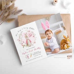 Editable Some Bunny is ONE Peter Rabbit First Birthday Girl 1st Birthday Bunny Birthday Invitation Template with Corjl Flopsy Rabbit KP33