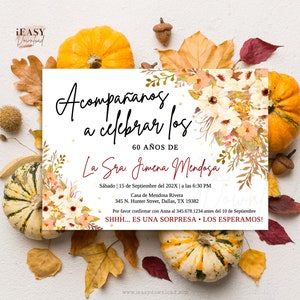 EDITABLE Spanish Fall Birthday Invitation, Adult 60th Birthday, Autumn Floral Birthday Invitations, Thanksgiving, Template for All Ages AP24