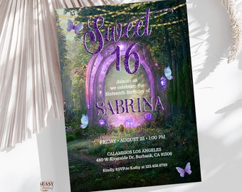 Editable Sweet 16 Birthday Invitations, Enchanted Forest Purple Glitter Birthday Invitation, Sweet Sixteenth FairyTale Birthday Invite SWE16