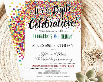 Triple Celebration Invitation Rainbow Confetti Joint Birthday Anniversary Printable Template