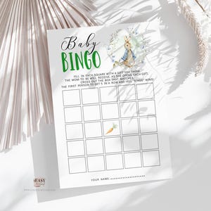 Editable Baby Shower Bingo Game, Peter Rabbit Baby Boy Green Party Baby Game, Blue Green Baby Shower Bingo Printable
