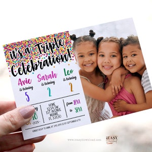 Rainbow Confetti Triple Birthday Invitation: Sibling Celebration (Printable)