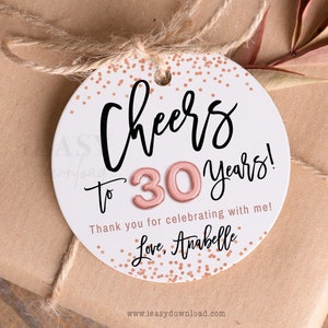 Cheers to 30 Round Gift Tags • Rose Gold Confetti Printable Template • 30th Birthday Gift Tags, Personalize Thank You Tags EDITABLE - AP1