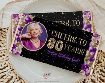 Cheers to 80 years Purple and Gold Confetti Chocolate Wrapper Printable 80th birthday Candy Bar Wrapper Favor, Age and Text are Editable AP6