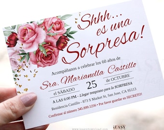 Floral Red Roses 60th Birthday Invitation - Spanish Surprise Party (JetTemplate)