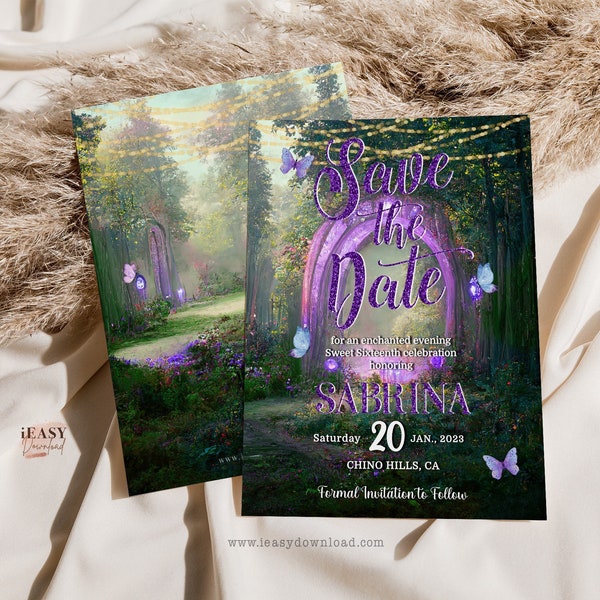 Editable Save the Date Sweet 16 Invitation, Enchanted Forest Purple Glitter Birthday Invite, Sweet Sixteenth FairyTale Birthday Invite SWE16
