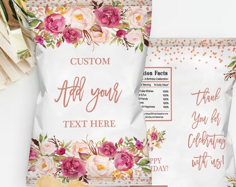Floral Rose Gold Chip Bag Template: Confetti Snack Bag (Printable Corjl)