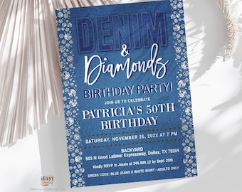 Denim and Diamonds 50th Birthday Invitation Editable Template