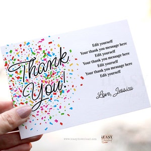 Editable Thank You Card Multicolor Confetti, Birthday, Retirement, Thank You Card Printable Template Edit with JetTemplate AP17