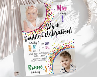 Editable Sibling Birthday Invitations Double Birthday celebration Photo Invitation Rainbow Confetti Invitation Joint Party Invitations AP17