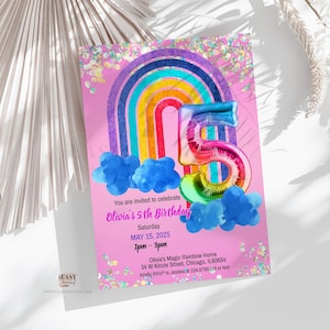 Holographic Rainbow Birthday Invitation Girl - Editable Template (Corjl)