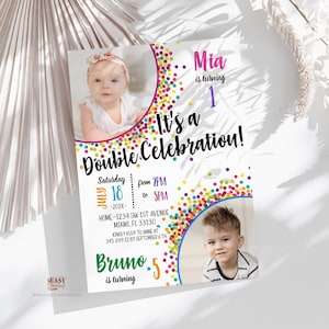 Editable Sibling Birthday Invitations Double Birthday celebration Photo Invitation Rainbow Confetti Invitation Joint Party Invitations AP17