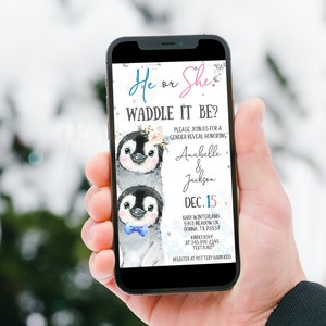 EDITABLE Penguin Winter Gender Reveal Invitation, He or She waddle it be, Gender Reveal Phone Invite, Boy or Girl Penguin Invite Corjl GRN7