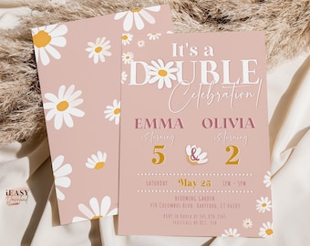 Daisy Double Birthday Invitation Retro Sibling Party Editable Corjl Template