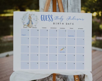 Editable Baby Due Date Calendar Game, Peter Rabbit Baby Boy Guess Baby's Birth date, Blue Wildflower Baby Prediction, Due Date Game - BS16