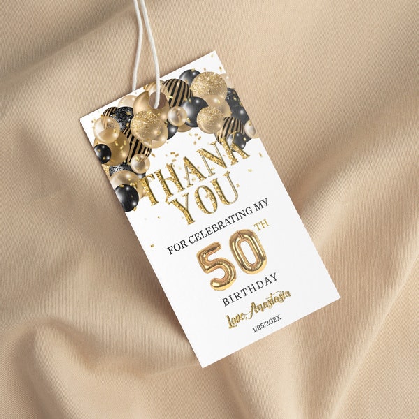 EDITABLE Thank You Gold Party for 50th Birthday Gift Tag, Gold and Black Balloons, Gold Confetti, Surprise 50th Birthday Gift Tags Corjl AP6