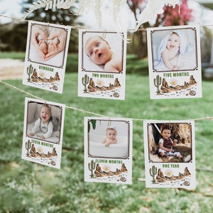First Year Photo Banner How The West Was One, Milestone Photo Banner Editable Template, First Cowboy Photo Milestone Decoration Banner KP35