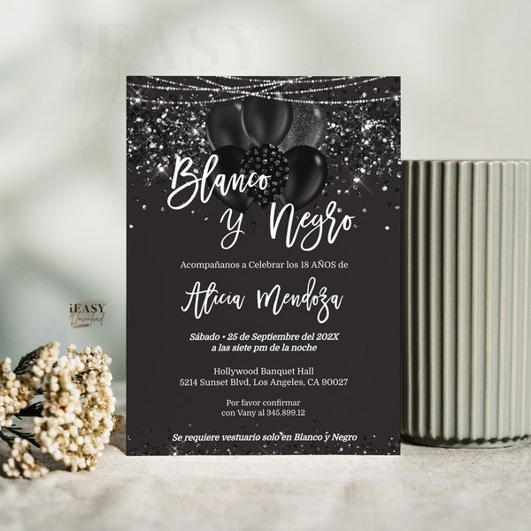 Spanish Black and White Birthday Invitation, Editable Birthday Invite Template, for All Ages, Blanco y Negro Cumpleaños para Adultos AP31