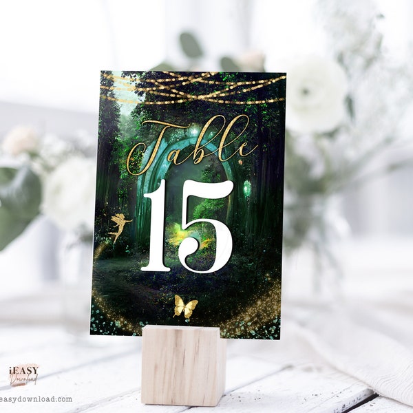 Editable Table Numbers Enchanted Forest Emerald Green, Quinceañera Table Numbers, Enchanted Evening, Printable Number Signs Edit With Corjl