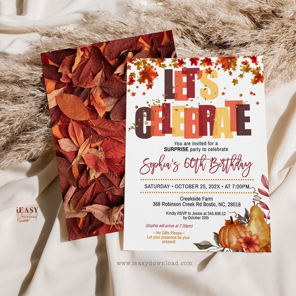 Editable Fall Surprise Birthday Invite, Let's Celebrate birthday invitation for All Ages, Fall Leaves, Pumpkin, Autumn Template Corjl AP24