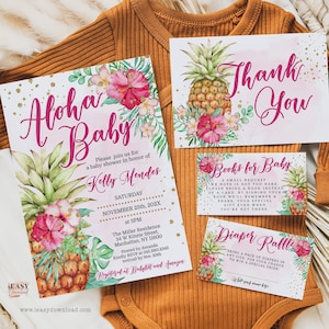 Editable Pineapple Baby Shower Bundle Invitation Tropical Summer Hawaiian Baby Shower for Girl Aloha Baby Books for Baby Diaper Raffle