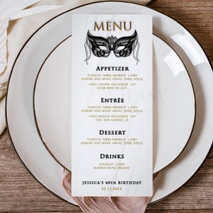 Editable Menu Card Template, Masquerade Party, Black Mask Menu Card, Printable Menu Birthday Table Card, DIY Menu Card Template Corjl