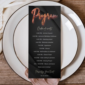 Editable Program Card Template Rose Gold Program with a Modern Black Background Black and Rose Gold Theme Party For All Occassion Printable