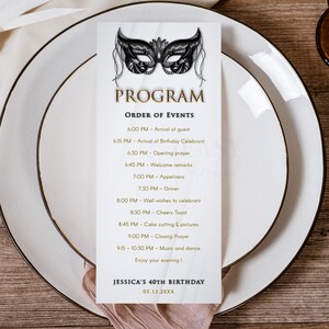 Editable Program Card Template, Masquerade Party, Black Mask Program Card, Order of Event Birthday Table Program Template Printable Corjl