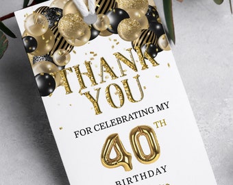 EDITABLE Gold Party for 40th Birthday Gift Tag, Gold and Black Balloons, Gold Confetti, 40th Birthday Thank You Gift Tags, Corjl AP6