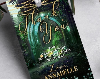 Enchanted Forest Thank You Tags: Emerald Green Quinceañera, Editable (Corjl)