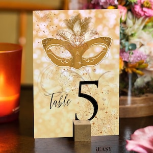 Editable Table Numbers Template Gold Masquerade, Birthday Gold Mask Table Number, Gold and Black Printable Table Numbers Edit with Corjl AP3