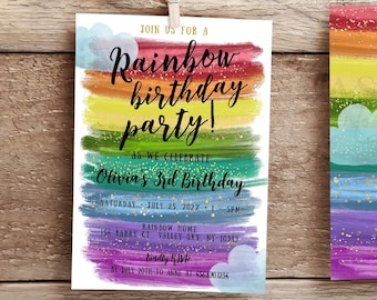 Rainbow Birthday Invitation, Watercolor Clouds and Rainbow Party Birthday Girl's Party, Gold Glitter Editable Template Corjl Download KP13