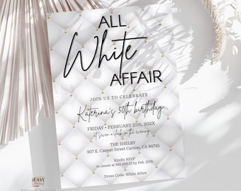 Editable All WHITE Affair Birthday Invitation, All White Party Invite for Women or Men, Modern Birthday Invite Template, All Ages Corjl AP29