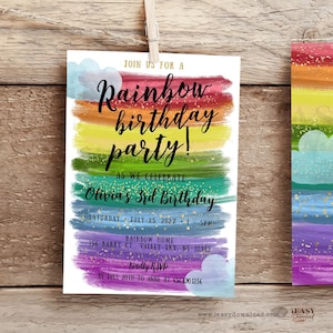 Rainbow Birthday Invitation, Watercolor Clouds and Rainbow Party Birthday Girl&#39;s Party, Gold Glitter Editable Template Corjl Download KP13