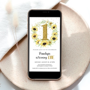 Sunflowers 1st Birthday Invitation, Turning ONE, Floral First Birthday Invitation, Gold Confetti, Summer Birthday InvitationJetTemplate KP17