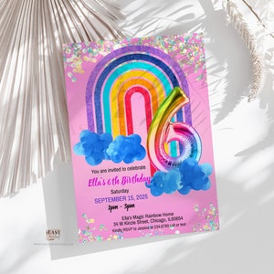 6th Rainbow Birthday Invitation, Holographic Glitter Birthday Invitation Girl, Editable Template Birthday Invitation for all ages Corjl KP22