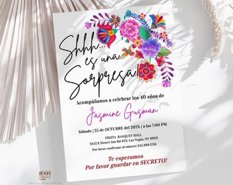 Editable Mexican Flowers Spanish Birthday, Surprise 40th Birthday Invitation Spanish Colourful flower EDITABLE Template with JetTemplate AP4