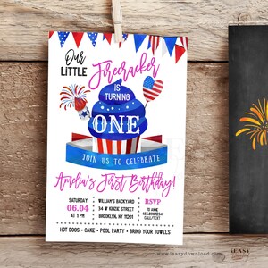 Firecracker 1st Birthday Invitation: Patriotic Red, White & Blue (Editable)