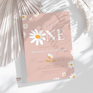 Wild One Daisy First Birthday Invitation: Boho Floral, Pink Retro (Digital Download)