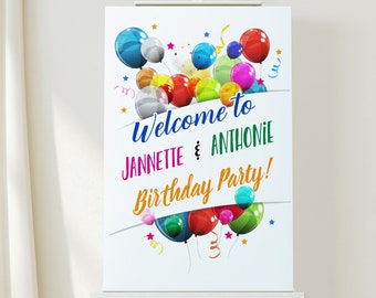 Editable Welcome Sign Multi Color Balloons, Sibling Birthday, Double Birthday Celebration, Colourful Birthday Balloons, Printable Sign Corjl