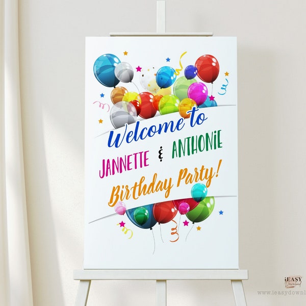 Editable Welcome Sign Multi Color Balloons, Sibling Birthday, Double Birthday Celebration, Colourful Birthday Balloons, Printable Sign Corjl
