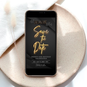 Editable Save the Date All Black Affair Birthday Invitation, Black Gold Adult Birthday Party Invitation Template All Black Party Corjl - AP6